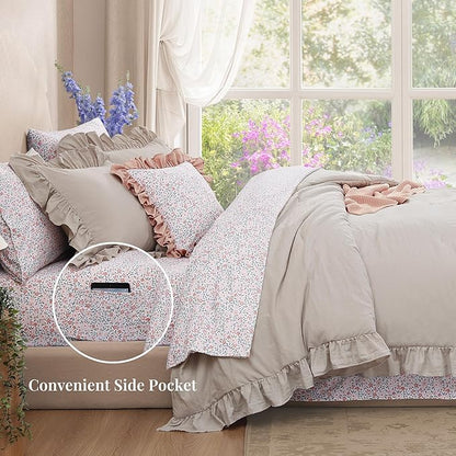 Twin XL Comforter Set - 5 Pieces Ruffle Birch Bedding Sets, Shabby Chic Farmhouse Bed in a Bag Twin XL with Ruffle Comforter, Floral Sheets, Pillowcases & Shams