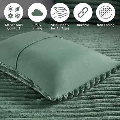 Intelligent Design Twin Comforter Set, Cozy Plush Bedding, Microfiber Reverse, 2 Piece, Lightweight, Super Soft Ribbed Velvet Comforter 1 Sham, All Season Fluffy Bed Set, Avril, Twin/Twin XL Green