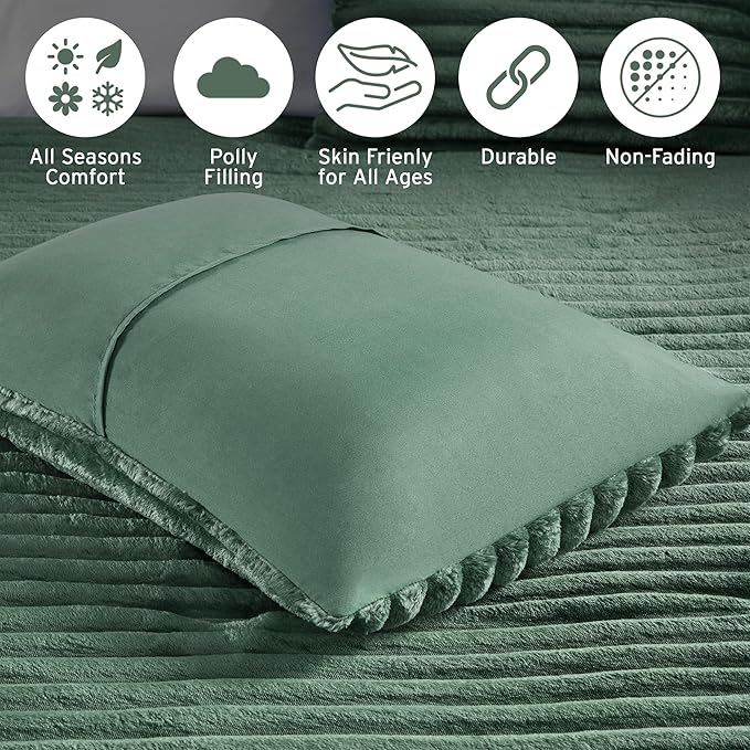 Intelligent Design King Comforter Set, Cozy Plush Bedding, Microfiber Reverse, 3 Piece, Lightweight, Super Soft Ribbed Velvet Comforter 2 Shams, All Season Fluffy Bed Set, Avril, King/Cal King Green