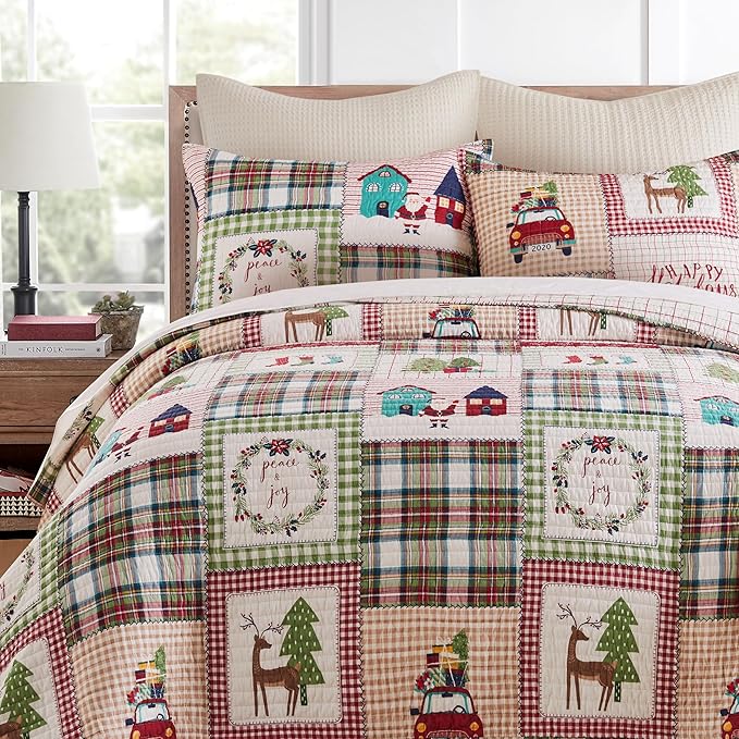 Levtex Home - Home for Christmas Sage Quilt Set - Full/Queen Quilt (88x92in.) + Two Shams (20x26in.) - Patchwork Holiday - Red Green White - Reversible - Cotton