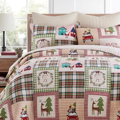 Levtex Home - Home for Christmas Sage Quilt Set - Full/Queen Quilt (88x92in.) + Two Shams (20x26in.) - Patchwork Holiday - Red Green White - Reversible - Cotton