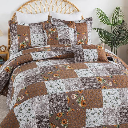 BEDIFANY Cotton Filling Queen Quilt Set - Reversible Farmhouse Bedspreads Queen Size with 2 Pillow Shams - Lightweight Queen Size Quilt Bedding Sets, 3 Pieces (90 x 98 inch)
