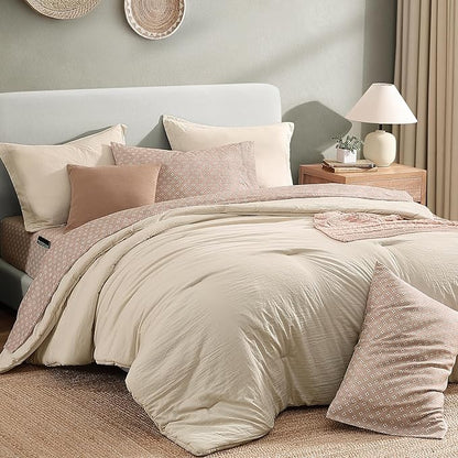 Monbix Queen Comforter Set - 7 Pieces Oatmeal Prewashed Bed in a Bag Queen Bedding Sets with Comforters, All Seasons Ultra Soft Comforter Bed Set with Sheets,Pillowcases & Shams