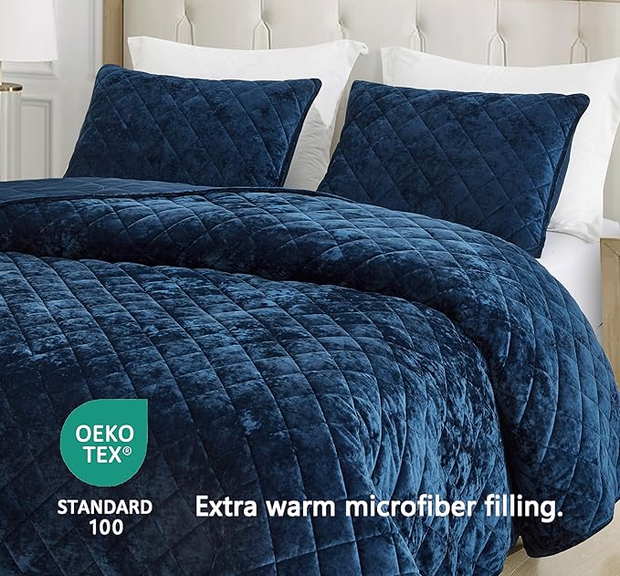 Chezmoi Collection Lux Navy Blue Velvet Quilt Oversized King Set, 3-Piece Plush Distressed Velvet Bedding All Season Lightweight Comforter Brushed Microfiber Reverse with Diamond Stitch Quilting