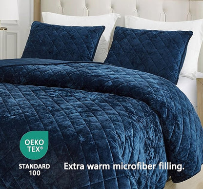 Chezmoi Collection Lux Navy Blue Velvet Quilt Queen Set, 3-Piece Plush Distressed Velvet Bedding All Season Lightweight Comforter Brushed Microfiber Reverse with Diamond Stitch Quilting