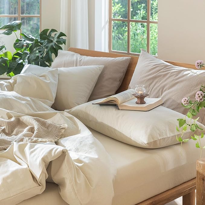 MooMee Bedding Pillowcases Pack of 2 100% Washed Cotton Linen Like Textured Breathable Durable Soft Comfy (Heathered Almond Milk Grey, Queen)