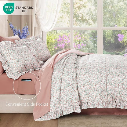 Twin XL Comforter Set - 5 Pieces Ruffle Pink Ditzy Bedding Sets, Shabby Chic Farmhouse Bed in a Bag Twin XL with Floral Comforter, Sheets, Pillowcase & Sham
