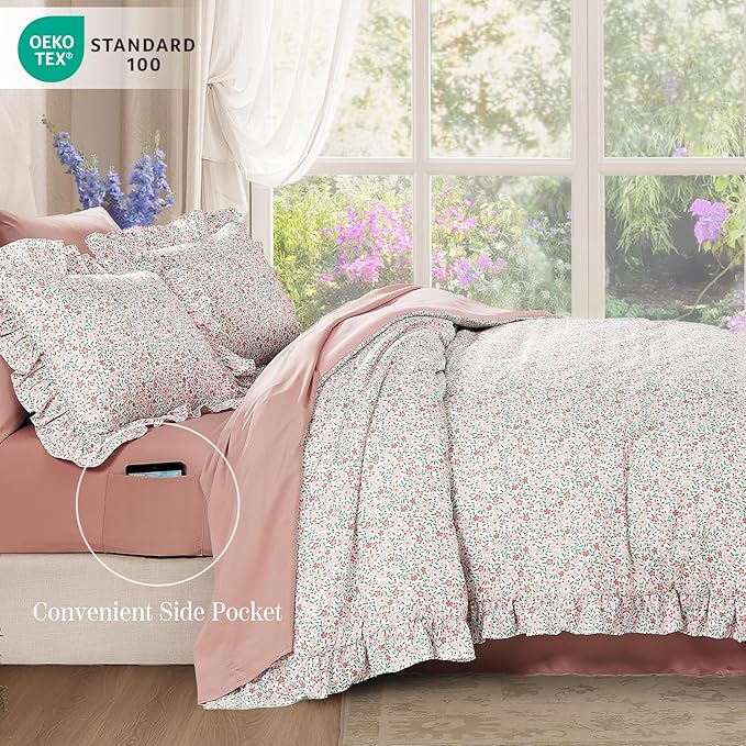 Full Comforter Set - 7 Pieces Ruffle Pink Ditzy Bedding Sets, Shabby Chic Farmhouse Bed in a Bag Full with Floral Comforter, Sheets, Pillowcases & Shams