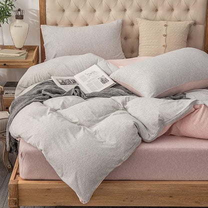 PURE ERA Jersey Knit Duvet Cover Set 100% T-Shirt Heather Cotton Super Soft Comfy Classic Striped Design, with Zipper Closure, Grey Light Pink Pinstripe, King