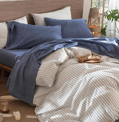 MooMee Bedding Sheet Set 100% Washed Cotton Linen Like Textured Breathable Durable Soft Comfy (Heathered Blue, Twin)