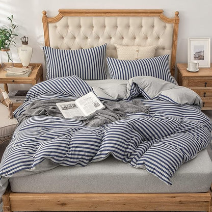 PURE ERA Jersey Knit Duvet Cover Set 100% T-Shirt Heather Cotton Super Soft Comfy Classic Striped Design, with Zipper Closure, Heather Grey Blue Stripe, King