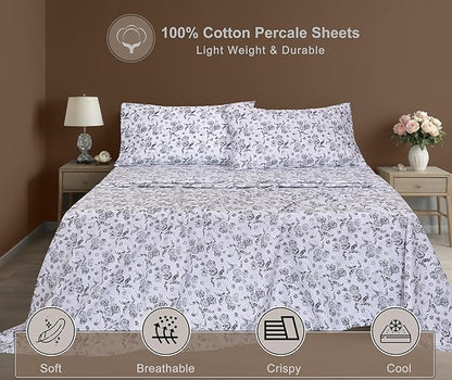 ZOYER 100% Cotton Sheets – Queen Size Percale Bedding, Cooling & Breathable, Durable with a Crisp, Soft & Comfortable Feel, 16" Deep Pocket, 4-Piece Set, Frozen Garden