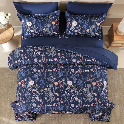 Yiran Queen Comforter Set, 7 Pieces Navy Blue Floral Soft Bedding Sets, Queen Bed in a Bag with Botanical Flowers Winter Comforter, Sheets, Pillowcases & Shams