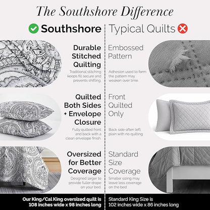 Southshore Fine Living, Inc. Boho King Quilt Set, Lightweight Bedspread, Summer Coverlet, 3-Piece Paisley Bedding Set with Two Matching Quilted Pillow Shams, California/King Quilts, Black