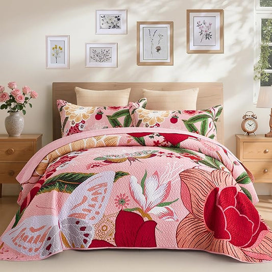 3 Piece Pink Boho Floral King Size Quilt Sets Farmhouse Botanical Reversible Lightweight Bedspread with 2 Shams Butterfly Microfiber Bedding Quilts Set for All Season,106''x96''