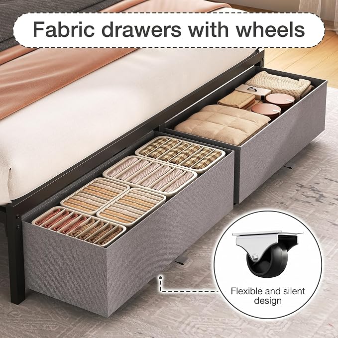 Queen Bed Frame with Storage Drawers and Charging Station, Grey | Upholstered Platform Bed with LED Lights, Headboard Storage Shelf, Noise Free, Metal Support, No Box Spring Needed