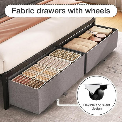 Queen Bed Frame with Storage Drawers and Charging Station, Grey | Upholstered Platform Bed with LED Lights, Headboard Storage Shelf, Noise Free, Metal Support, No Box Spring Needed