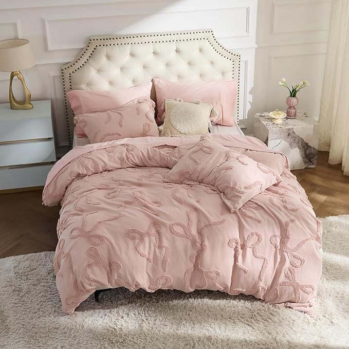 Bedsure Tufted Rose Pink Full Size Comforter, GentleSoft™ 3 Pieces Bow Cute Bedding Pink Room Decor, Gifts for Girls Teens Women, All Seasons, 1 Bed Comforter, 2 Pillow Shams, 82x86 Inches