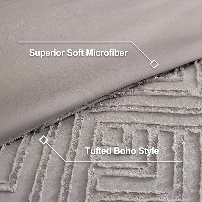 Litanika California King Comforter Set Milk Grey, 3 Pieces Tufted Boho Farmhouse Bedding Comforter Sets, Lightweight Fluffy Comforter Bed Set for All Season (104x96In Comforter and 2 Pillowcases)