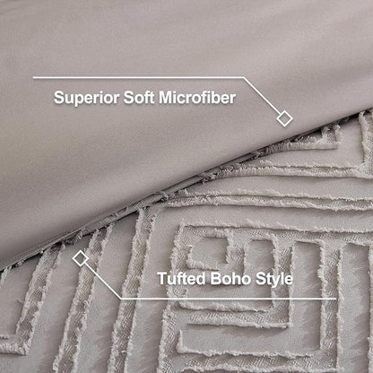 Litanika California King Comforter Set Milk Grey, 3 Pieces Tufted Boho Farmhouse Bedding Comforter Sets, Lightweight Fluffy Comforter Bed Set for All Season (104x96In Comforter and 2 Pillowcases)