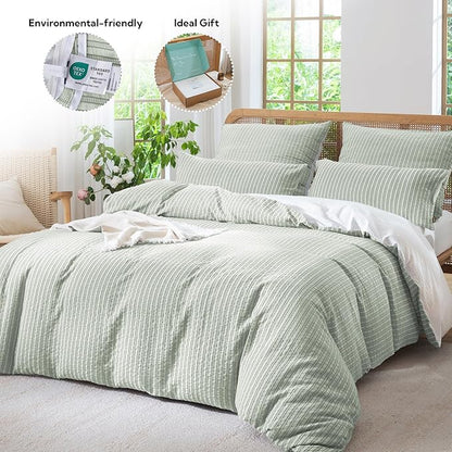 MILDLY Jacquard Stripe Duvet Cover - Sage Green 100% Washed Cotton Boho Textured Comforter Cover Set with Zipper Closure 104"x90"
