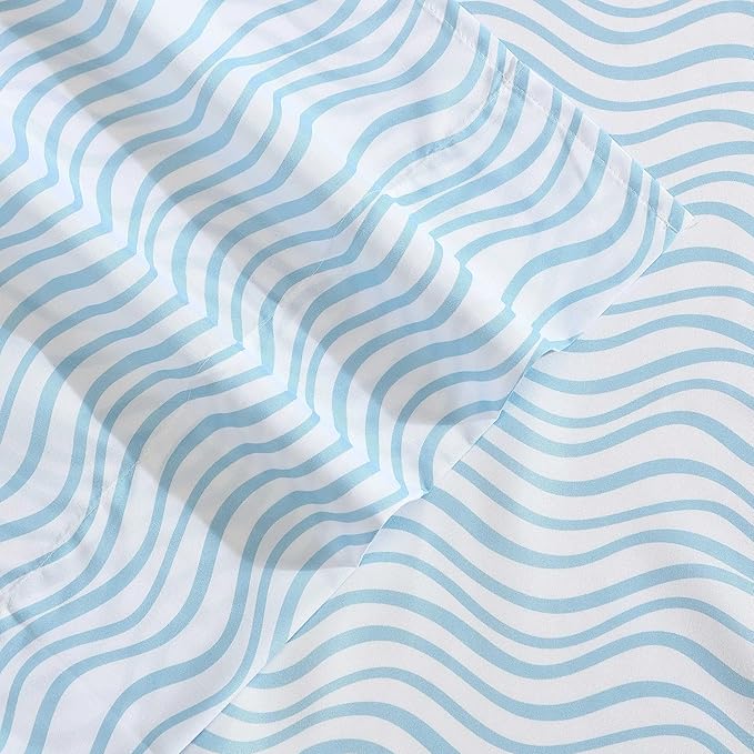 Nautica - Sheet Set, Breathable & Cooling Microfiber Bedding with Matching Pillowcases, Deep Pocket, Fully Elasticized (Linearly Waves Ocean Breeze Blue, Queen)