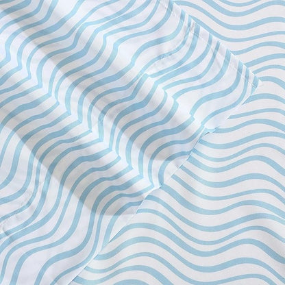 Nautica - Sheet Set, Breathable & Cooling Microfiber Bedding with Matching Pillowcases, Deep Pocket, Fully Elasticized (Linearly Waves Ocean Breeze Blue, Queen)