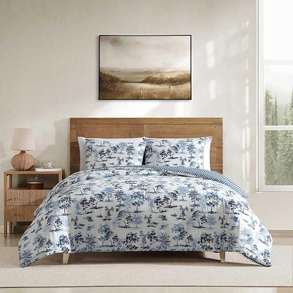 Eddie Bauer - Full/Queen Comforter Set, Super Soft Reversible Bedding with Matching Shams, Buffalo Check Reverse, Rustic Inspired Room Essentials (Vintage Forest Toile Blue, Full/Queen)