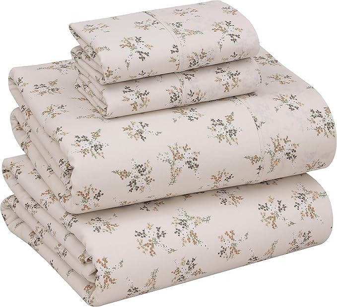 RUVANTI 100% Cotton Sheets – King Size Percale Bedding, Cooling & Breathable Floral Design, Durable with a Crisp, Soft & Comfortable Feel, 16" Deep Pocket, 4-Piece Set, Twin Spring