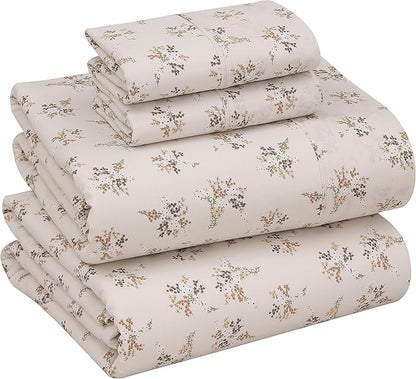 RUVANTI 100% Cotton Sheets – King Size Percale Bedding, Cooling & Breathable Floral Design, Durable with a Crisp, Soft & Comfortable Feel, 16" Deep Pocket, 4-Piece Set, Twin Spring