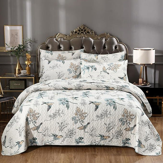DURLENGEN Birds & Floral 100% Cotton Queen Quilt 3Pcs,Reversible Birds & Flowers Pattern on White,Luxury Lightweight Coverlet Sets for All Season(Queen 90x96,Birds & Floral)