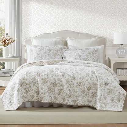 Laura Ashley - King Quilt Set, Reversible Floral Cotton Bedding with Matching Shams, Medium Weight for Year Round Use, Oek-Tex Certified (Walled Garden Brown)