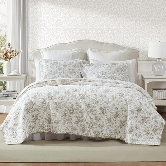 Laura Ashley - King Quilt Set, Reversible Floral Cotton Bedding with Matching Shams, Medium Weight for Year Round Use, Oek-Tex Certified (Walled Garden Brown)