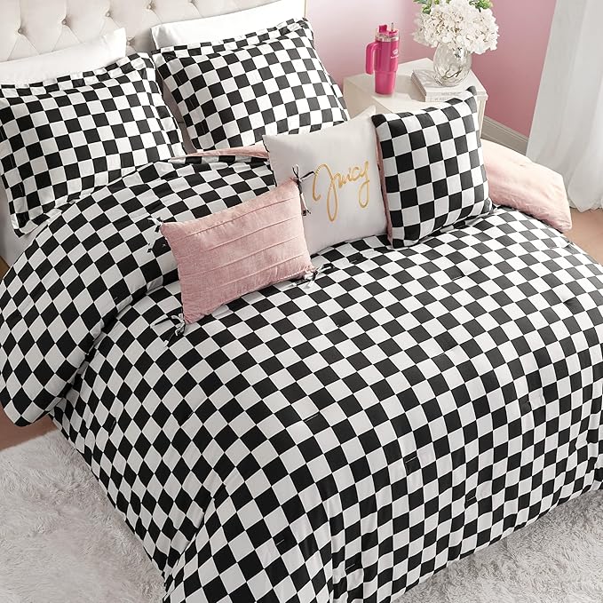 Juicy Couture Reversible Checkerboard Comforter Set 6-Piece King Set, Black/White