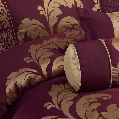 Chezmoi Collection Royale 7-Piece Jacquard Floral Comforter Set, Oversized King, Maroon/Gold