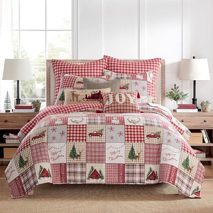 Levtex Home - Home for Christmas Quilt Set - Full/Queen Holiday Quilt 88x92 and Two Standard Shams 20x26 - Green, Red, Taupe and Cream - Reversible - Cotton/Polyester