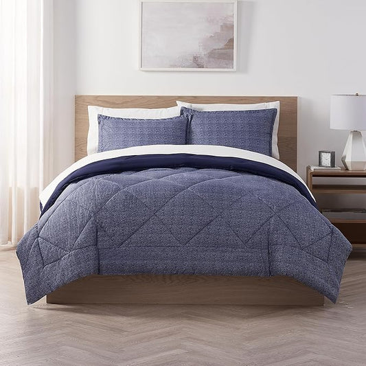 Serta Supersoft Cooling 2 Piece Reversible Comforter Set with Pillow Covers for All Season, Twin/Twin XL, Peacoat