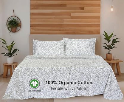 RUVANTI 100% Organic Cotton Sheets Queen Size, Percale Weave, GOTS Certified, 4-Piece Set, Deep Pocket 15", Crisp & Breathable, Soft Durable Bedding, Sábanas Algodón Orgánico – Floral Rush