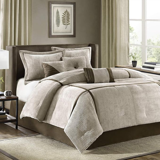 Madison Park Cozy Comforter Set Casual Blocks Design All Season, Matching Bed Skirt, Decorative Pillows, Cal King(104"x92"), Dallas Corduroy, Taupe Brown, 7 Piece