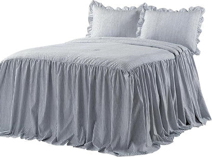 Lush Decor Ticking Stripe Bedspread King Size 3 Piece Set Navy - Ruffle Bedding Set King Bedspreads - Striped Bedding - Farmhouse & Coquette Decor