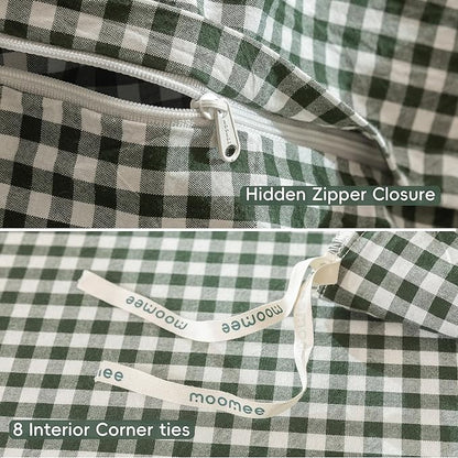 MooMee Gingham Duvet Cover Set 100% Washed Cotton Linen Like Textured Breathable Durable Soft Comfy Modern Checkered Design (Mini Gingham Forest Green, Queen 90"x90")