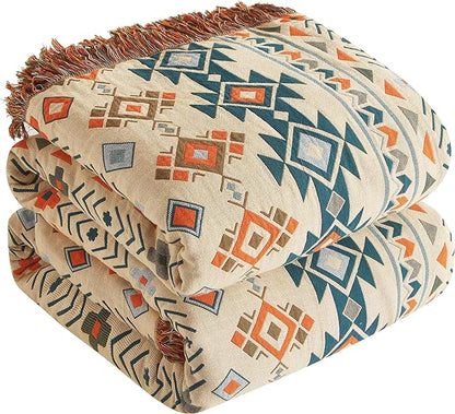 Boho Throw Blanket for Bed 90”x98”, 100% Cotton Woven Blanket for Couch Sofa, Ultra Soft 4-Layer Muslin Quilt with Diamond Pattern, Farmhouse Bed Blanket/Cover for Living Room Decor