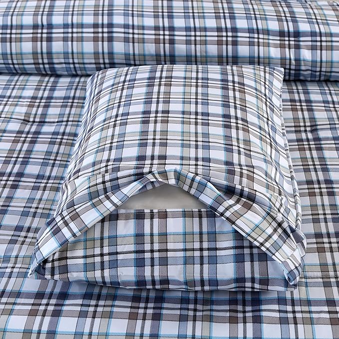 SDIII 3PCS Blue Gingham Queen Comforter Set 100% Washed Microfiber Lightweight Soft Blue Gingham Bedding Queen Farmhouse Shabby Chic Checkered