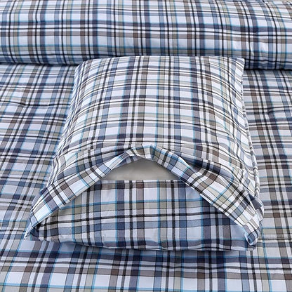 SDIII 3PCS Blue Gingham Comforter Set Twin 100% Washed Microfiber Lightweight Blue Gingham Bedding Set Twin Farmhouse Shabby Chic Checkered All Season