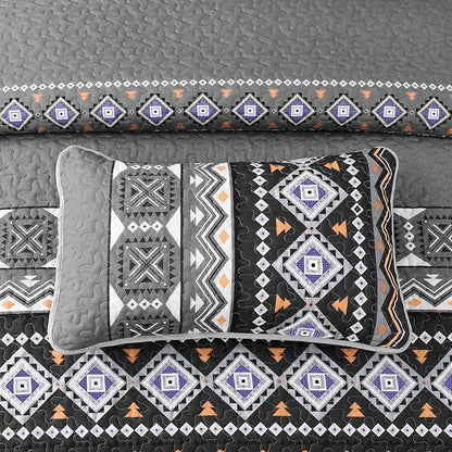 WONGS BEDDING Boho Quilt Set Queen,Black Grey Bedspread Coverlet Set with 2 Pillowcase,Lightweight Geometry Printed Bohemian Bedding Set 96"×90"