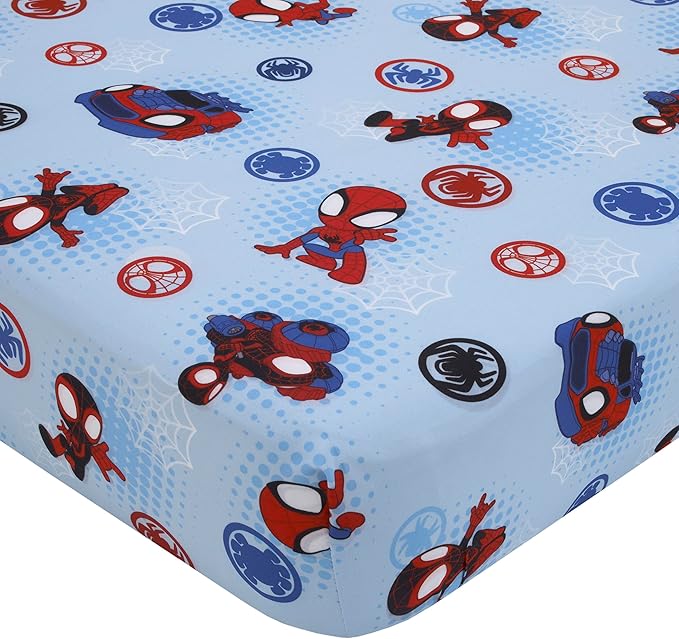 NoJo Marvel Spiderman Spidey and his Amazing Friends Spidey Time Red, Blue, and Grey 4 Piece Toddler Bed Set - Comforter, Fitted Bottom Sheet, Flat Top Sheet, and Reversible Pillowcase