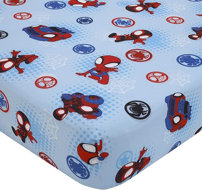 NoJo Marvel Spiderman Spidey and his Amazing Friends Spidey Time Red, Blue, and Grey 4 Piece Toddler Bed Set - Comforter, Fitted Bottom Sheet, Flat Top Sheet, and Reversible Pillowcase