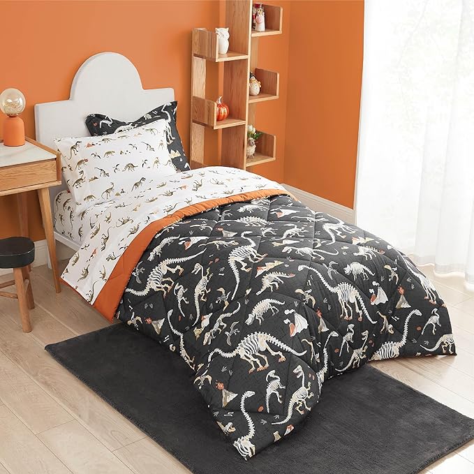 Grey Dinosaur Twin Comforter for Boys, 5 Pieces Kids Bedroom Bedding Set with Sheets and Pillowcase, Super Soft Lightweight for All Seasons, Machine Washable
