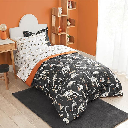 Grey Dinosaur Twin Comforter for Boys, 5 Pieces Kids Bedroom Bedding Set with Sheets and Pillowcase, Super Soft Lightweight for All Seasons, Machine Washable