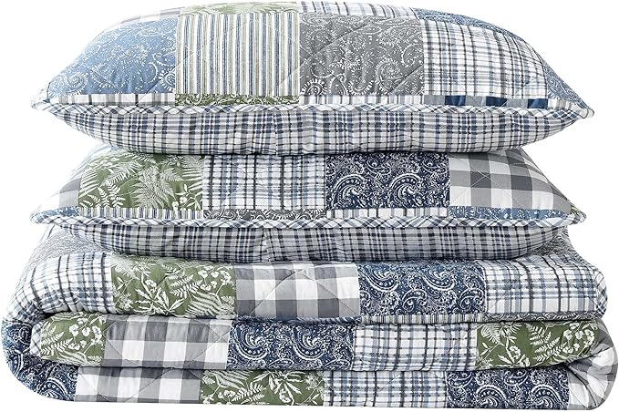 Eddie Bauer - Queen Quilt Set, Reversible Cotton Bedding with Matching Shams, Patchwork Luxurious Bedding Set with Plaid Reverse (Cozy Plaid Patchwork Blue/Green, Queen)